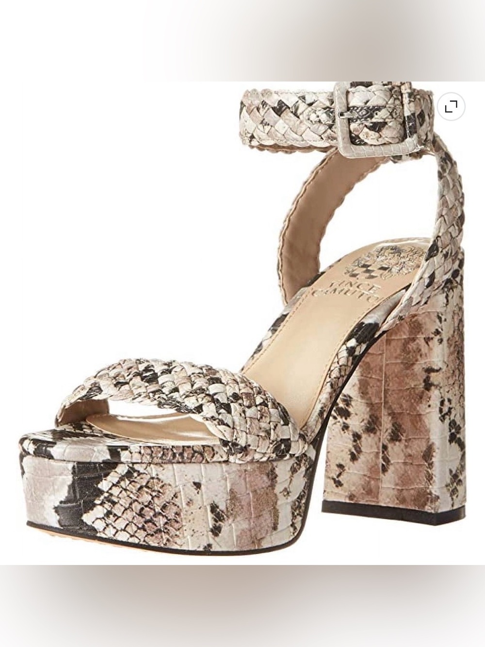 Vince Camuto Braided Snake-Print Platform Sandals in Beige and Black